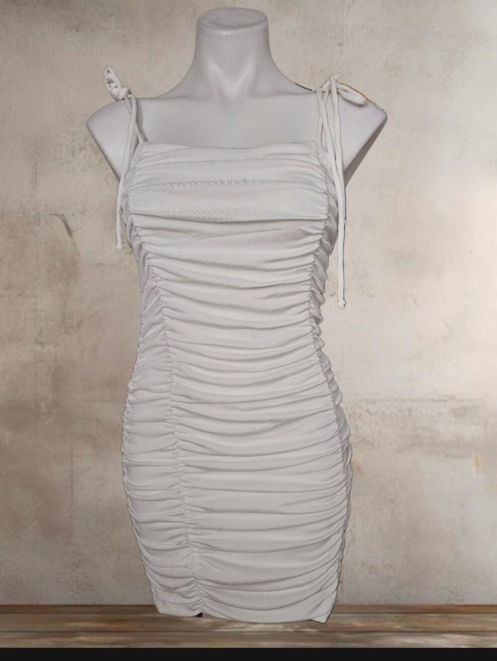Jump Apparel White Ruched Mini Tie-Shoulder Bodycon Dress Large